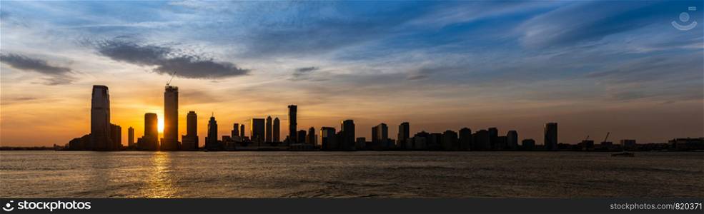 New Jersey Skyline building silhouette USA Sunset Panorama