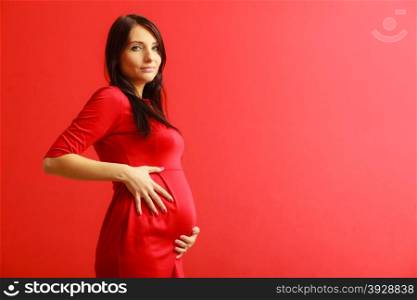 New life concept. Pregnancy, motherhood and happiness. tummy of pregnant woman wearing stylish elegant red dress indoor