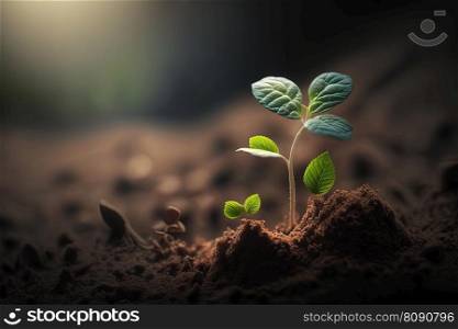 New life young plant at sunrise. Save environment and Earth day concept. AI. New life young plant at sunrise. Save environment concept. AI