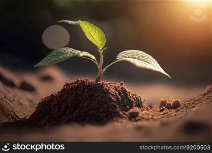New life young plant at sunrise. Save environment and Earth day concept. AI. New life young plant at sunrise. Save environment concept. AI