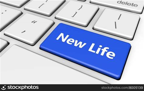 New lifestyle concept with new life word and sign printed on a blue computer button 3d render image.