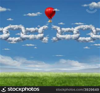 New Markets Breakthrough business concept as a group of clouds shaped as a linked chain being broken throgh by a businessman in a hot air balloon as a success metaphor for freedom from the shackles of repression and dirty air.
