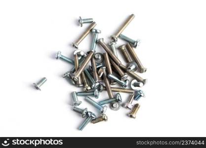 New metal bolts on a white background. Set of building tools for repair. New metal bolts on a white background. Set of building tools for repair.