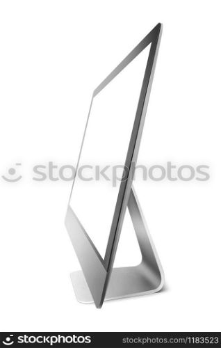 New model of computer display with blank white mockup screen isolated on white background, copy space.. Mock up computer display on the stand and white background.