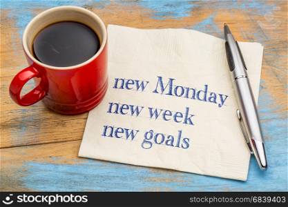 New Monday, new week, new goals - handwriting on a napkin with a cup of coffee