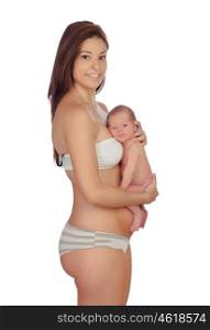New mother in underwear with his baby isolated on a white background