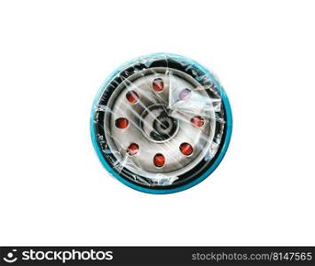 New oil filter wrapped in plastic with bottom view,isolated on white background