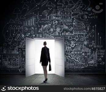 New opportunities. Rear view of businesswoman looking at opened door