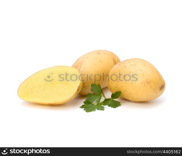 New potato and green parsley isolated on white background close up