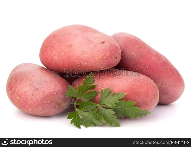 New potato tuber heap and parsley leaves isolated on white background cutout