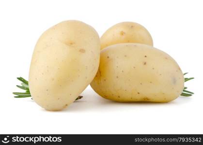 New potatoes and green herbs isolated on white background close up.