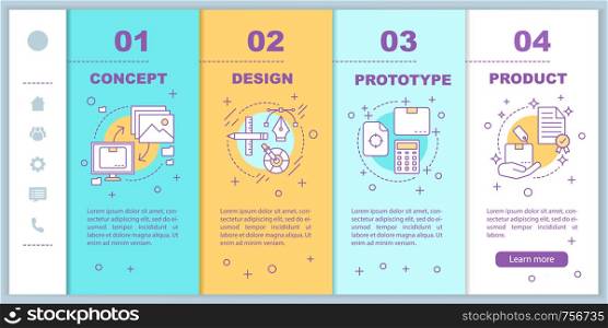 New product launch onboarding mobile web pages vector template. Production process. Responsive smartphone website interface idea with linear illustrations. Webpage walkthrough steps. Color concept. New product launch onboarding mobile web pages vector template