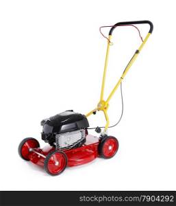 New red retro styled lawn mower isolated on white with natural shadows.
