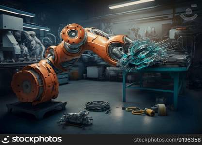 New robot setting of machine welding for the production line of vehicle industrial factory. Neural network AI generated art. New robot setting of machine welding for the production line of vehicle industrial factory. Neural network AI generated