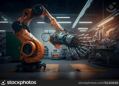 New robot setting of machine welding for the production line of vehicle industrial factory. Neural network AI generated art. New robot setting of machine welding for the production line of vehicle industrial factory. Neural network AI generated