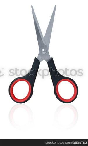 new scissors with black and red plastic handles, isolated, clipping path