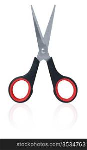 new scissors with black and red plastic handles, isolated, clipping path