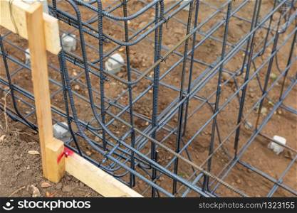 New Steel Rebar Framing Abstract At Construction Site