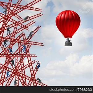 New strategy and independent thinker symbol and new innovative thinking leadership concept or individuality as a group of people climbing ladders in confusing directions with one team of employees in a red balloon going up in a clear direction.