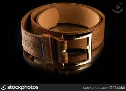 new stylish brown leather men&rsquo;s belt on mirror background