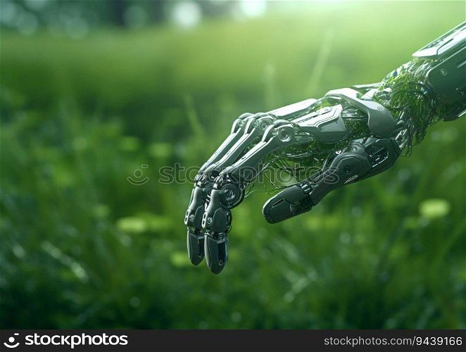 New technologies against nature concept.Robot arm touching grass.AI Generative.