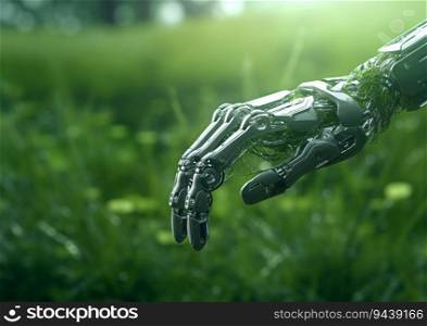 New technologies against nature concept.Robot arm touching grass.AI Generative.