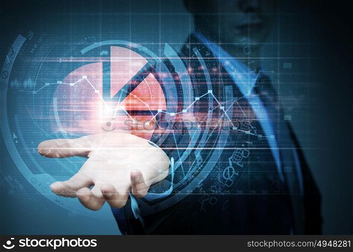 New technologies for business. Close up of businessman hand presenting digital market graphs