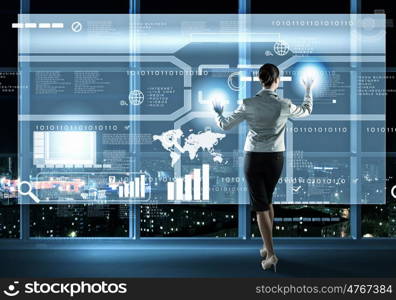 New technologies. Image of businesswoman pushing icon on media screen