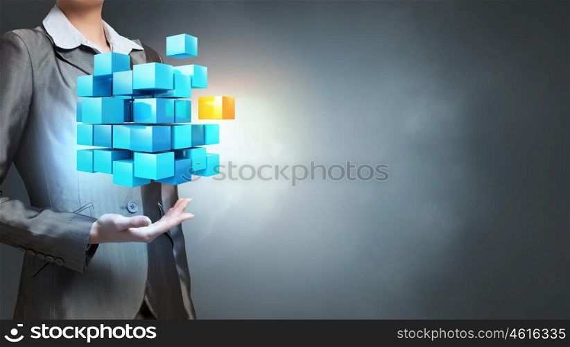 New technologies integration. Close view of businesswoman holding 3D illustration cube figure in hands