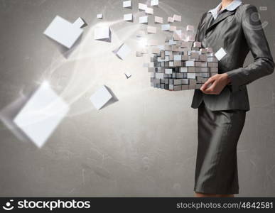 New technologies integration. Close view of businesswoman holding 3D illustration cube figure in hands