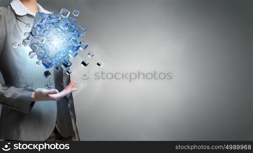 New technologies integration. Close view of businesswoman holding 3D illustration cube figure in hands