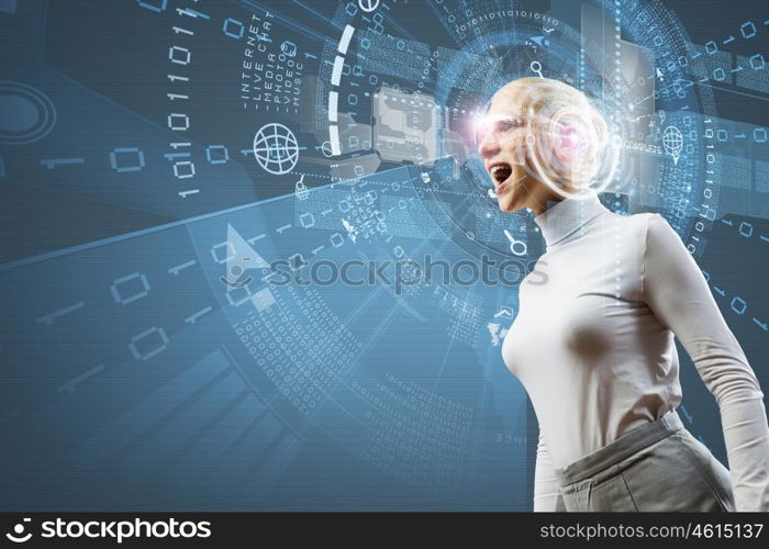 New technologies. Young woman in white against media background wearing headphones