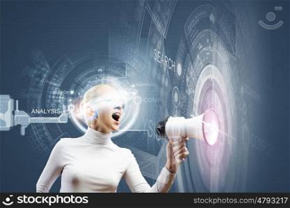 New technologies. Young woman in white against media background wearing headphones