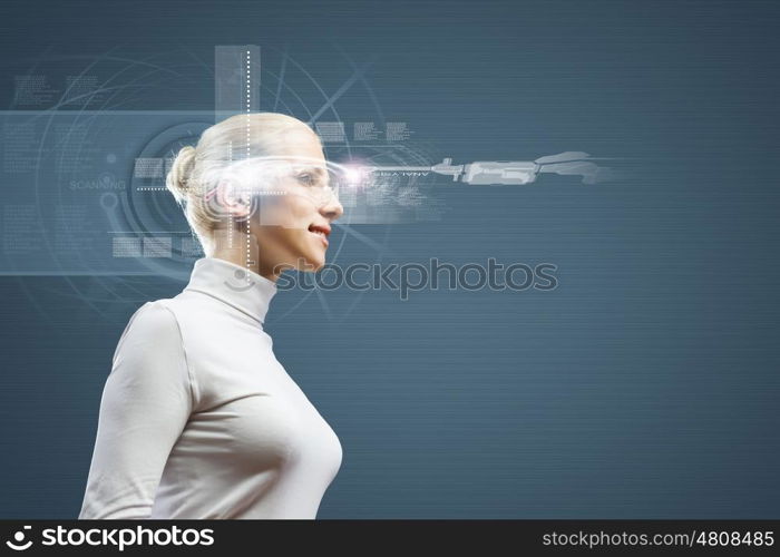 New technologies. Young woman in white against media background wearing headphones