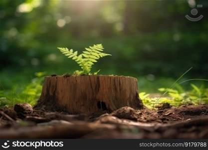 New tree on old stump. New green life. Generate Ai. New tree on old stump. Generate Ai
