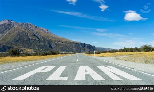 New way for your business. Conceptual image with word plan on asphalt road