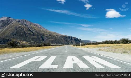 New way for your business. Conceptual image with word plan on asphalt road