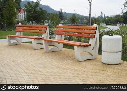 New wooden benches in a park