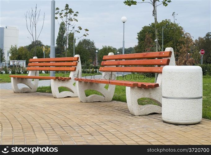 New wooden benches in a park