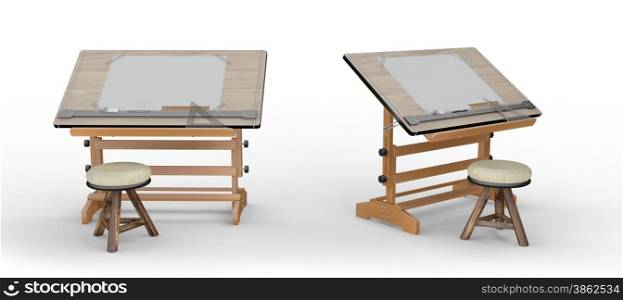 New Wooden drawing table with tools and stool , clipping path included&#xA;