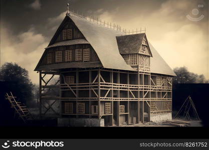 New wooden residential construction home framing against a blue sky. Roofing construction. Neural network AI generated art. New wooden residential construction home framing against a blue sky. Roofing construction. Neural network generated art