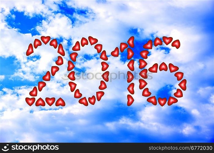 New Year 2016 made from hearts on sky background