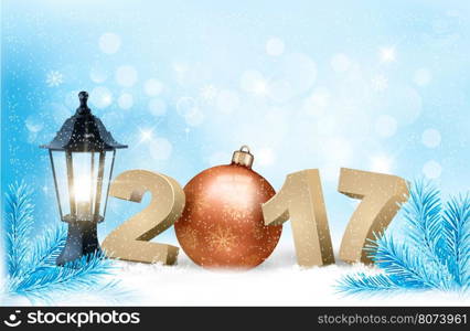 New Year 2017 background with winter nature and a lamp. Vector.