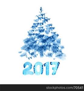 New year 2017 - Blue watercolor Christmas tree isolated on the white background