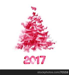 New year 2017 - Red watercolor Christmas tree isolated on the white background