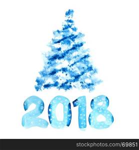 New year 2018 - Blue watercolor Christmas tree isolated on the white background