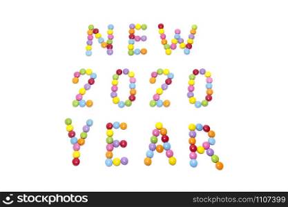 ""New Year 2020" from multicolored sweets candy isolated on white background"