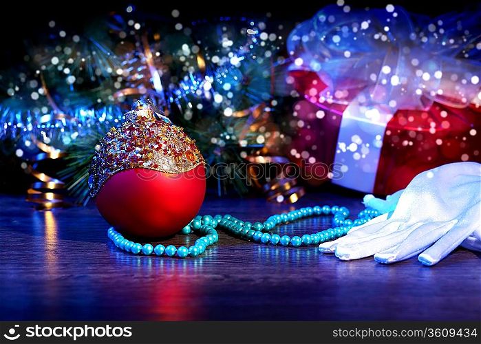 New Year&acute;s collage. Decorations and ribbons on a bright color background