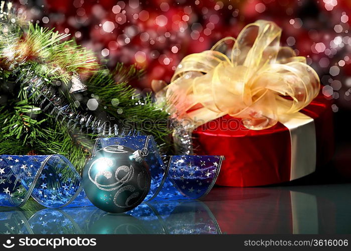 New Year&acute;s collage. Decorations and ribbons on a bright color background