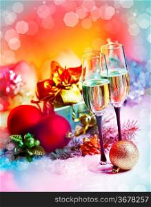 New Year and Christmas Celebration .Two Champagne Glasses in Holiday decoration.